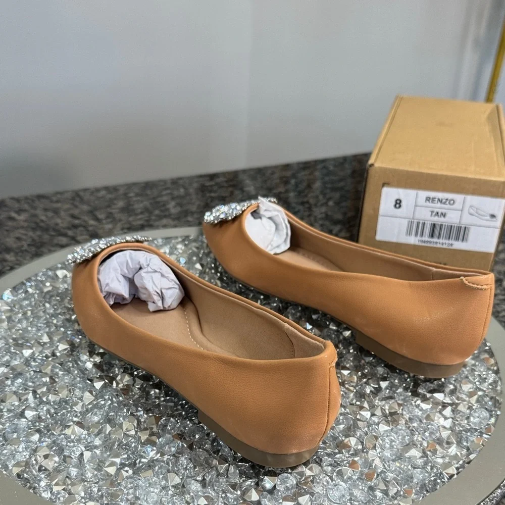 Journee Tan Pointed-Toe Flats with Crystal Embellishment NEW 8